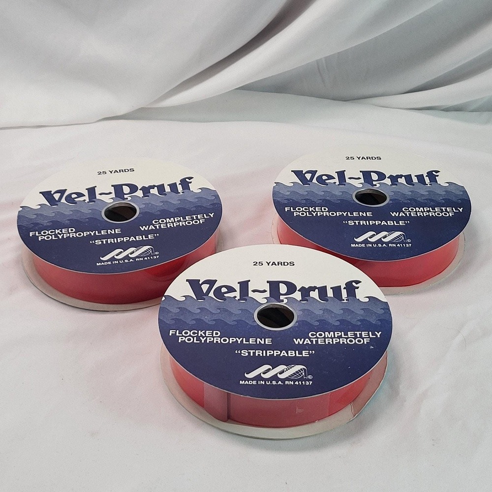 3 Rolls Red Flocked Ribbon Vel-Pruf  Sz 1.5" X 25 Ft Waterproof "Strippable" NOS